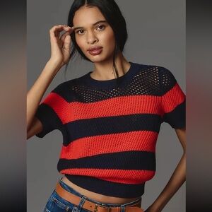 Maeve Anthropologie Women’s Medium Deep Blue Red Open-Knit Short Sleeve Sweater